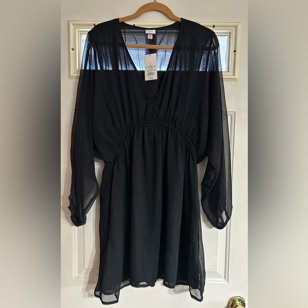 A New Day Women's Large Dress Black Balloon Sleeve Mini Chiffon New